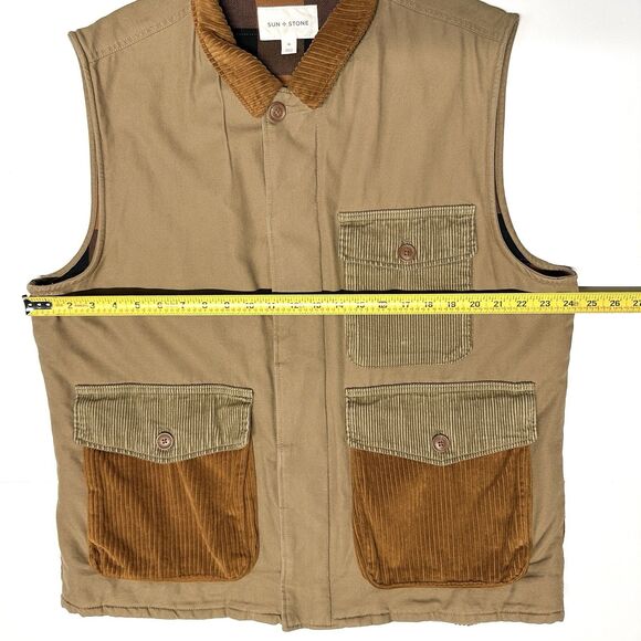 Sun+Stone Corduroy and Khaki Canvas Brown Tan Utility Vest Plaid Lined Men’s XL - Picture 9 of 12
